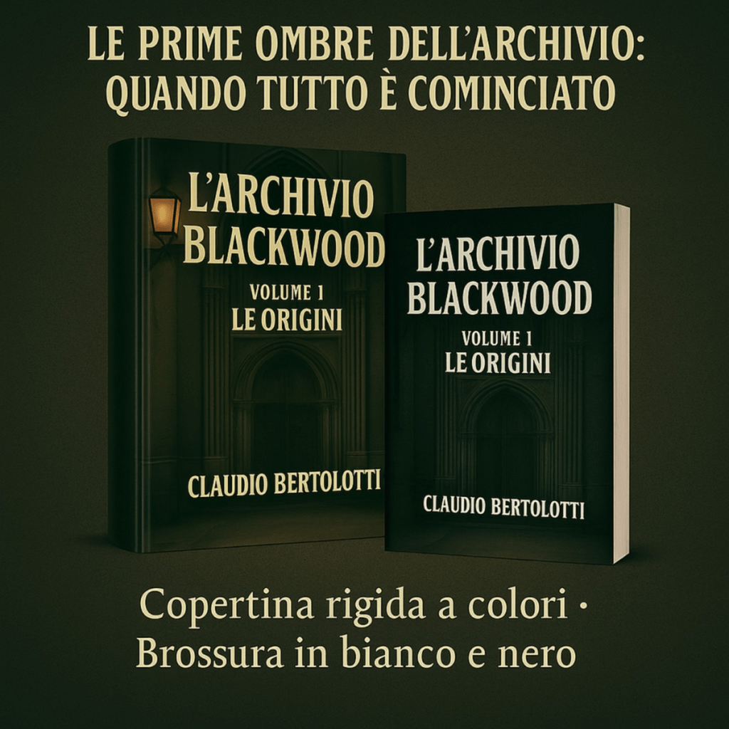 Copertina promozionale per “L’Archivio Blackwood – Volume I: Le Origini” di Claudio Bertolotti, con i due volumi (copertina rigida illustrata e brossura in bianco e nero) su sfondo scuro gotico. Testo evidenzia le due edizioni disponibili.