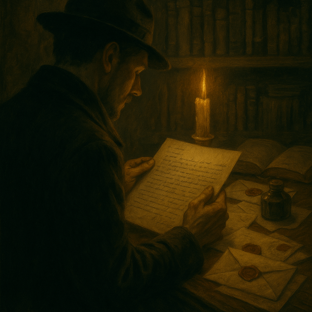 
Una lettera antica scritta a mano, appoggiata su una scrivania in legno, accanto a una candela accesa e a una lente d’ingrandimento. Atmosfera gotica e silenziosa, in stile vittoriano.


