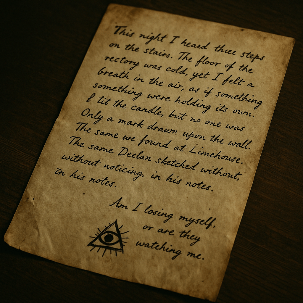 
Una lettera antica scritta a mano su un tavolo in legno scuro, con macchie d'inchiostro, cera colata e ombre profonde. Atmosfera gotica, come un frammento dal diario dell’ispettore Blackwood.

