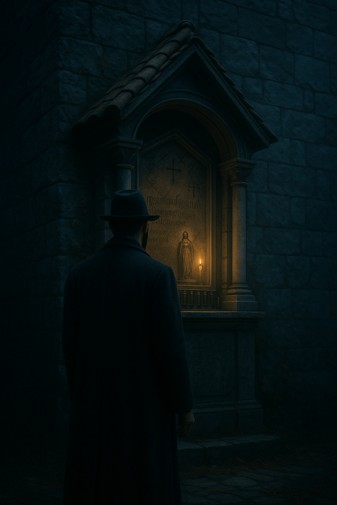 Un’edicola votiva in pietra, semi-nascosta nella nebbia, con una candela accesa al centro che proietta una luce calda e tremolante. I dettagli gotici e l’atmosfera cupa creano un senso di mistero e sacralità sospesa nel tempo