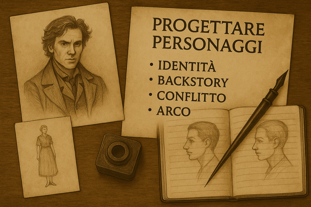 Una scrivania d’autore: bozzetti, appunti e tratti distintivi dei personaggi prendono forma su carta ingiallita. È qui che inizia la costruzione di ogni identità narrativa.