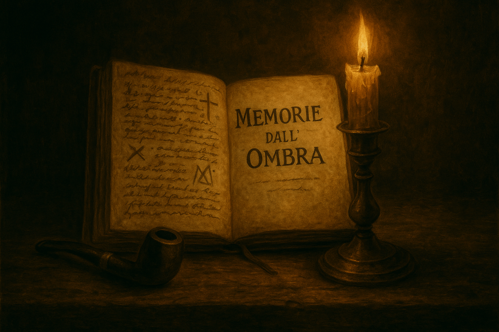 Un diario antico aperto su un tavolo in legno, circondato da ombre, cera colata e penna d’oca. Atmosfera gotica e misteriosa, come se appartenesse all’ispettore Blackwood.
