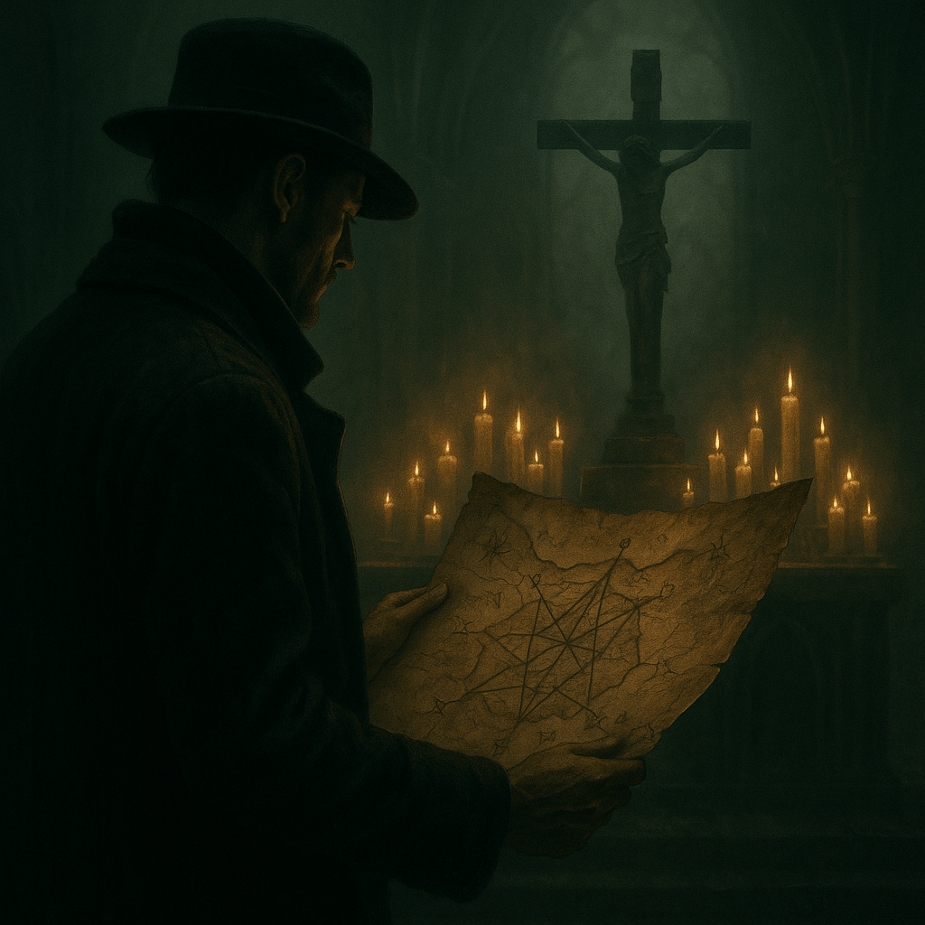 Una lanterna appesa illumina debolmente una mappa logora su un tavolo in pietra, all'interno di una cripta gotica; l’atmosfera è oscura e misteriosa, con ombre che si allungano tra pareti di pietra scolpite da simboli antichi.