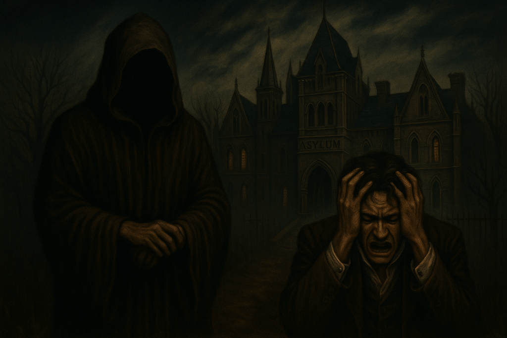 Alienista, manicomio gotico Londra 1800, persona con capouccio, persona forse malata di mente in ginocchio, casa di cura-ospedale sullo sfondo 