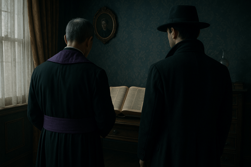 Un prete con stola viola e un uomo in cappotto scuro (Blackwood) osservano una Bibbia aperta su un tavolo in una stanza borghese vittoriana, immersa in un’atmosfera gotica e realistica