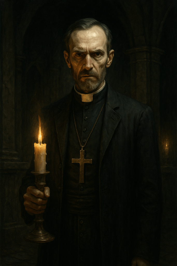 
"Ritratto gotico del Reverendo Aldous Whitmore, con espressione severa e crocifisso dorato, illuminato dalla luce di una candela in un'ambientazione ecclesiastica oscura e decadente."


