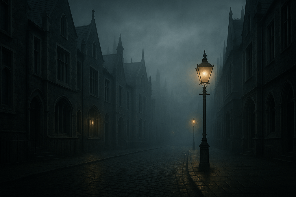 Un vicolo stretto e acciottolato avvolto nella nebbia, con alte mura gotiche ai lati e un lampione a gas che emana una luce fioca. Sullo sfondo, un arco di pietra conduce a un edificio antico appena visibile. L’atmosfera è cupa, silenziosa e carica di tensione.