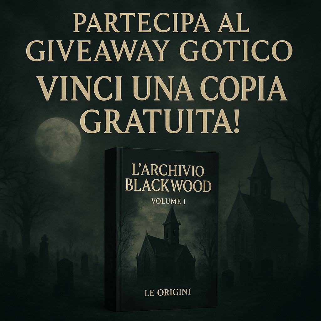 alt="Copertina gotica de L’Archivio Blackwood – Volume I: Le Origini davanti a un cimitero nebbioso, con la scritta Partecipa al Giveaway Gotico – Vinci una copia gratuita"
