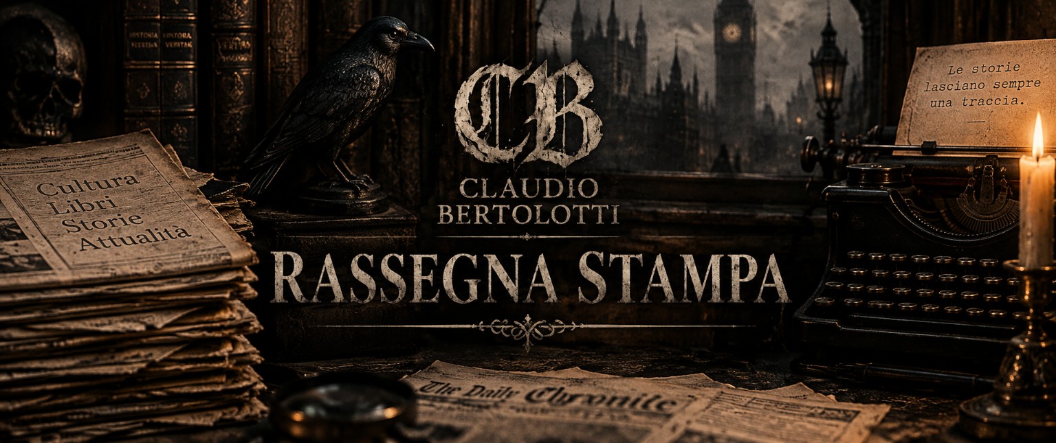 Banner Rassegna stampa di Claudio Bertolotti, con libri, corvo e macchina da scrivere in un’ambientazione gotica.